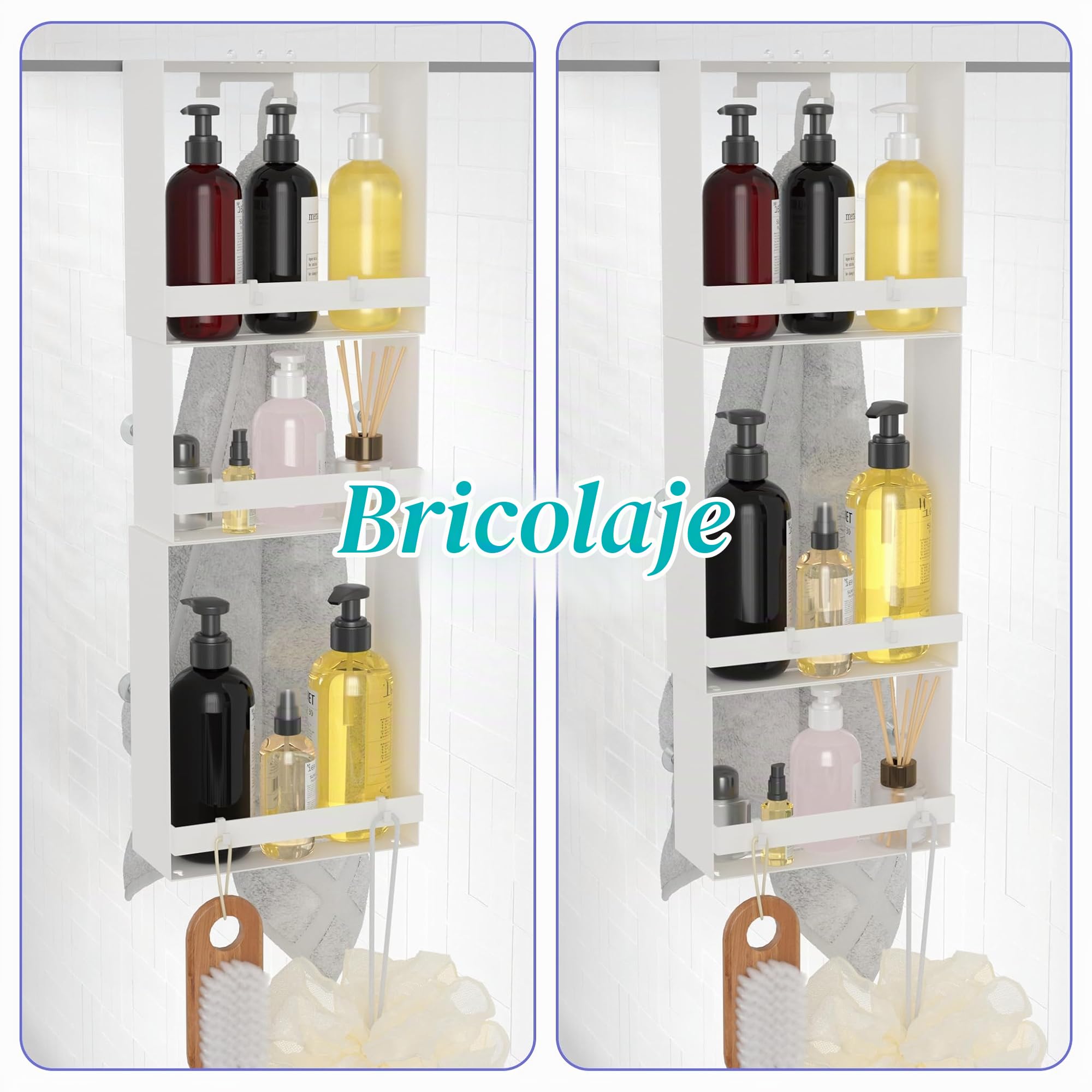 Estanteria Baño Para Colgar, Estanteria Baño sin Taladro, Ducha para Colgar 3 niveles, sin Necesidad de Taladrar, Organizador de baño Con 8 Ganchos & 4 Ventosa de Soporte, Blanco