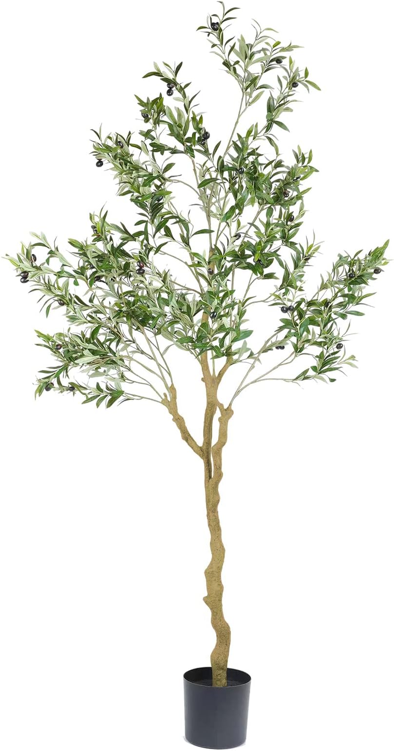 - Nafresh Tall Faux Olive Tree，7ft（84in） Realistic Potted Silk Artificial Indoor with Green Leaves and Big Fruits for Home Office Living Room Bedroom Stairs Foyer Decor.