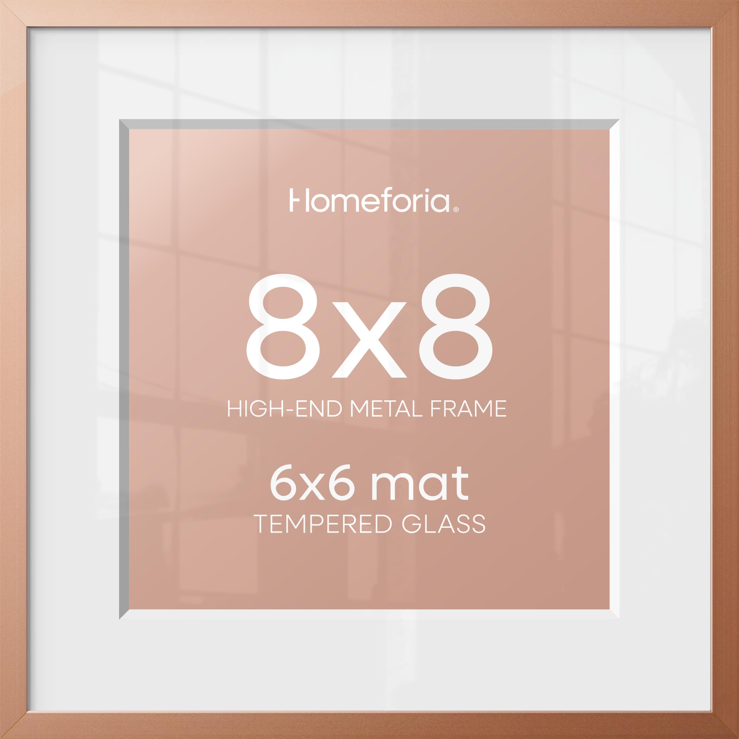 Homeforia 8x8 Rose Picture Frame, High-End Metal, 6x6 Mat, Glass | High End Aluminum, Tempered Glass, Acid-Free 6x6 Removable Mat, 8x8 in Edge-to-Edge Display 8x8, Wall Kit, Set Of 2