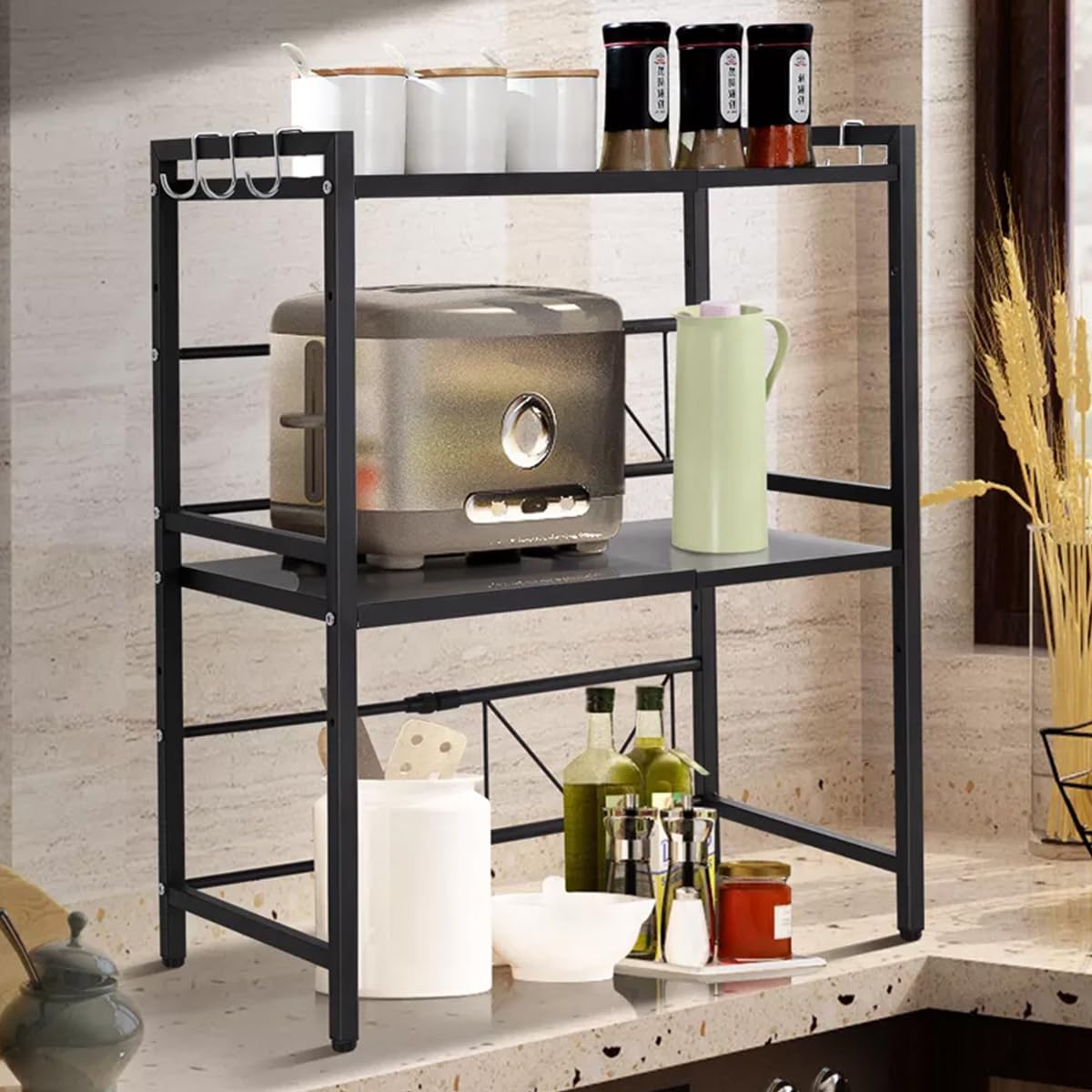 Scaffale allungabile per forno a microonde con ripiano portaoggetti in metallo, portaoggetti da cucina con ganci in plastica, risparmio di spazio (nero a 3 livelli)