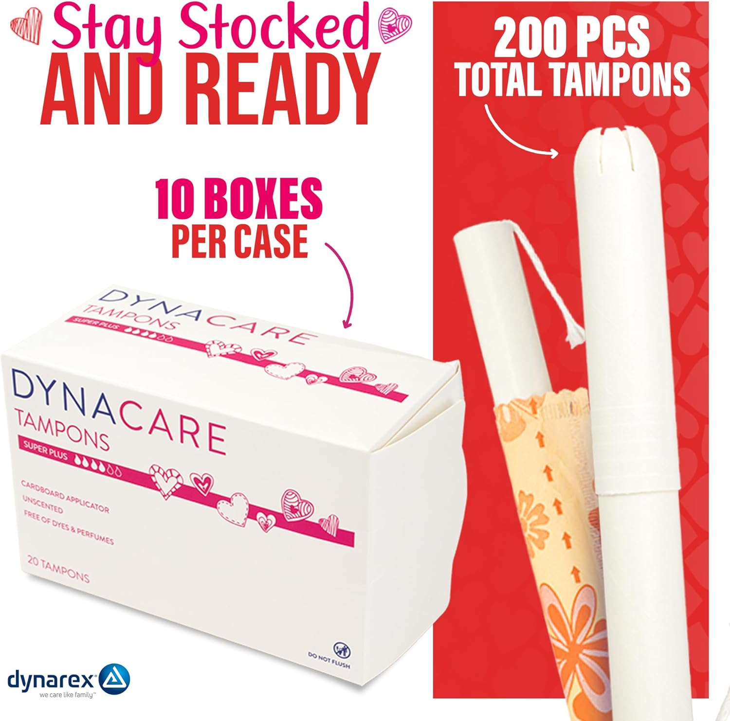 Dynarex Super Plus Tampons – Bulk Feminine Hygiene Product with Cardboard Applicator – 8 Hour Protection – 10 Boxes of 200 Total Tampons