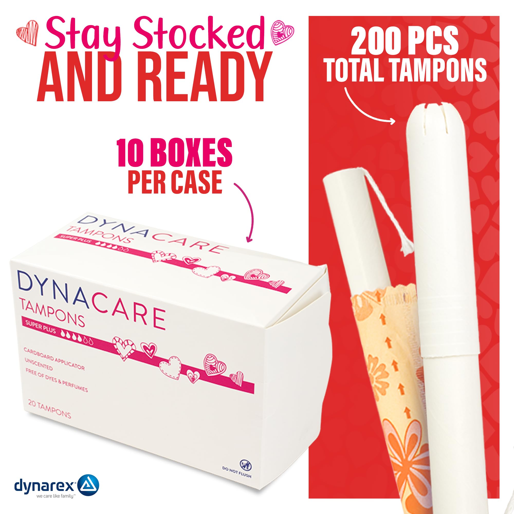 Dynarex Super Plus Tampons – Bulk Feminine Hygiene Product with Cardboard Applicator – 8 Hour Protection – 10 Boxes of 200 Total Tampons