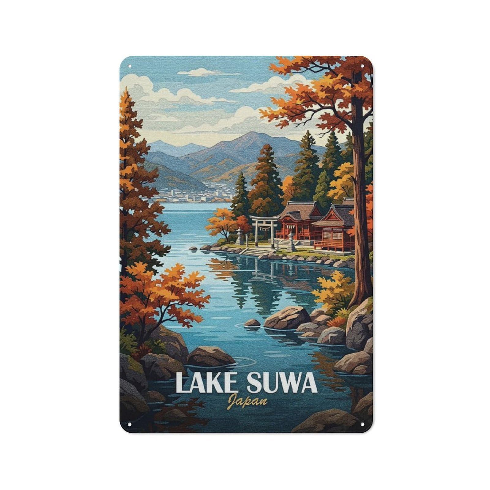 Junmoney Style-15 For Home Office Or Studio, Lake Suwa Japan Autumn Landscape Vintage Tin Sign 30X20cm, Tin Sign Wall Decor For Home Offices And Studios