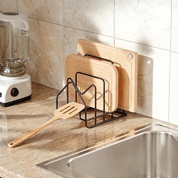 PAVSTINE 4 Slots Chopping Board Holder, Pan Lid Drawer Rack Stand for Pot Lids from 6.3-13.4in, Kitchen Countertop Cupboard Organiser for Baking Tray, Pot Pan Lid, Cutting Board Storage, Black