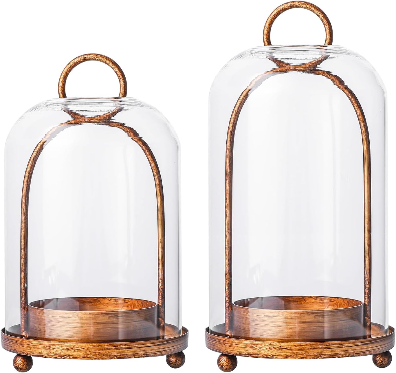 Glass Hurricane Candle Holder Decorative Gold Candle Lantern, Candlestick Holders, Hanging Metal Holder Modern Table Centerpieces (2, Brass, Large & Small)