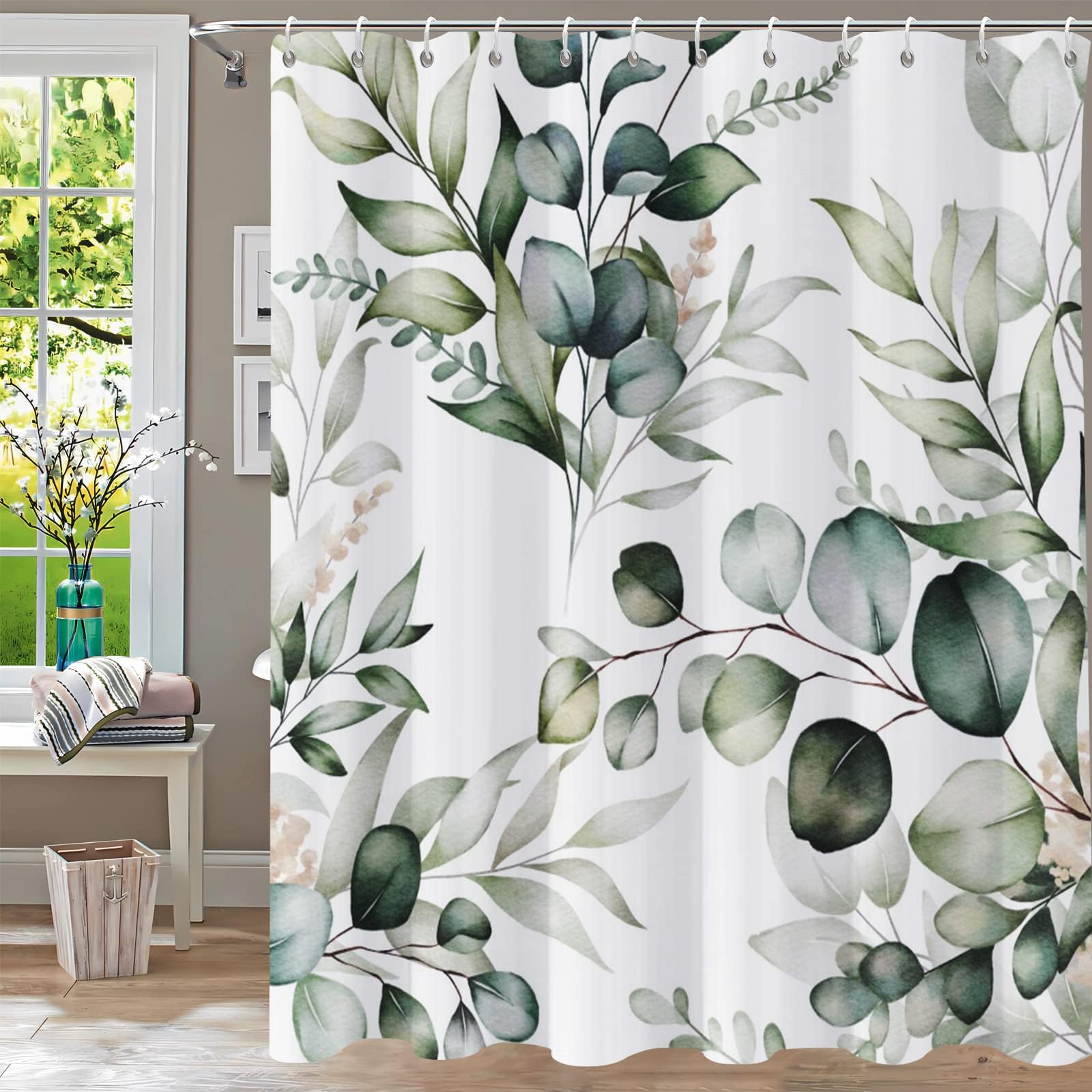 Nulpen Eucalyptus Shower Curtains For Bathroom, Watercolor Leaf Bath Curtain Waterproof Plant Leaves Fabric Cloth With Hooks(120X180cm/Wxh/Eucalyptus)