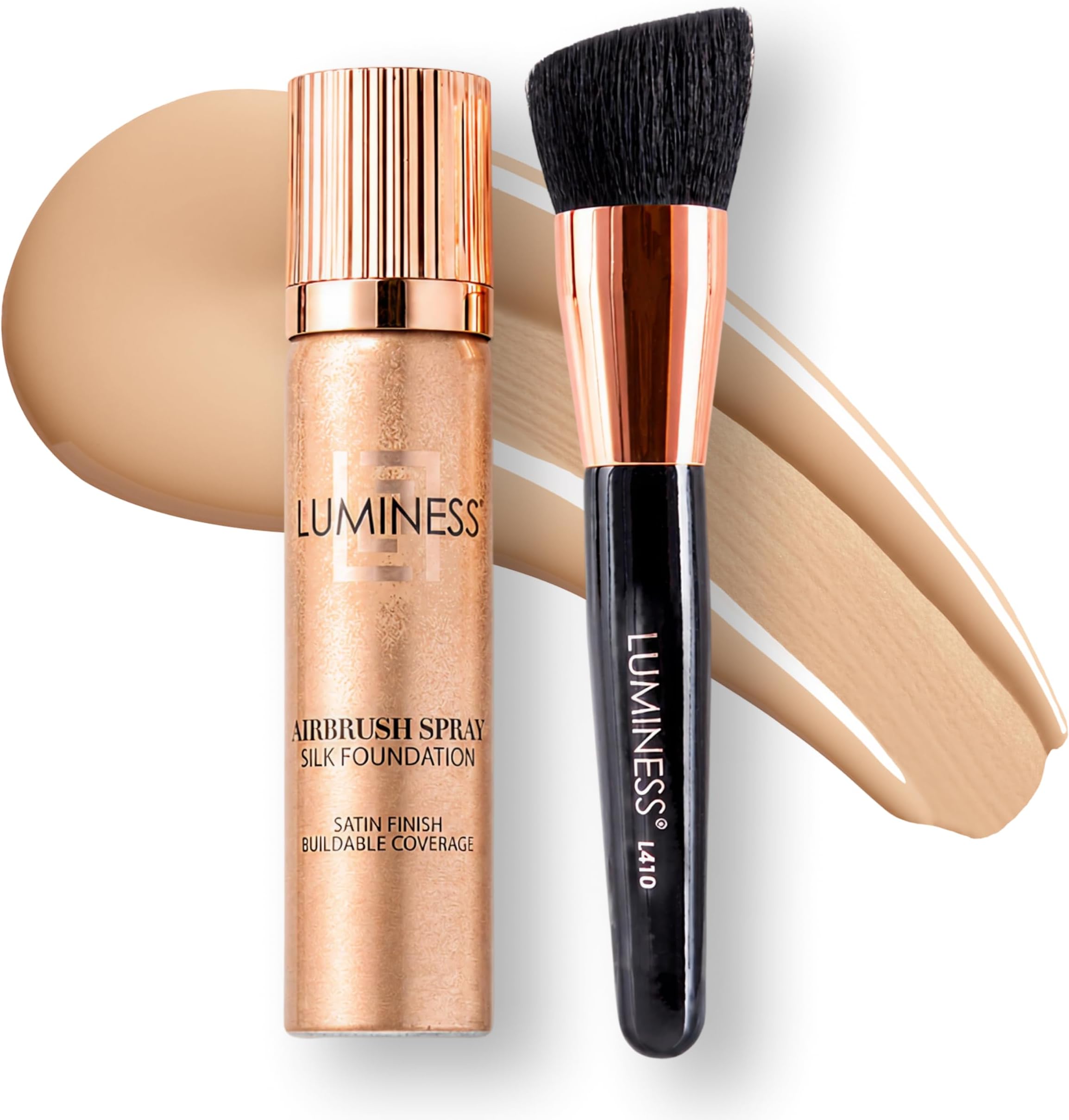 LUMINESS Silk Airbrush Spray Foundation & Buffing Brush Kit โ Full Coverage Foundation & Single-Sided Buffing Brush - Buildable Coverage, Anti-Aging Formula Hydrates & Moisturizes (Shade - Fair)