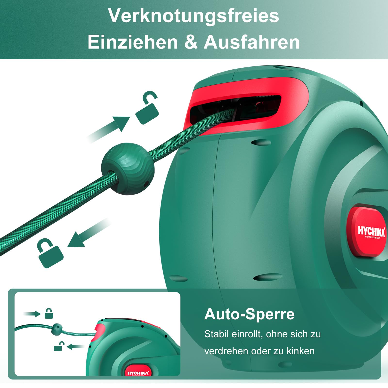 HYCHIKA Schlauchtrommel 30M - Wandmontierte Dehnbarer Gartenschlauch für den Garten, Auto Lock und Rewind, 8 Funktion Sprühpistole, 180°Schwenkbare Schlauchbox, Outdoor Bewässerung Sicher Speichern