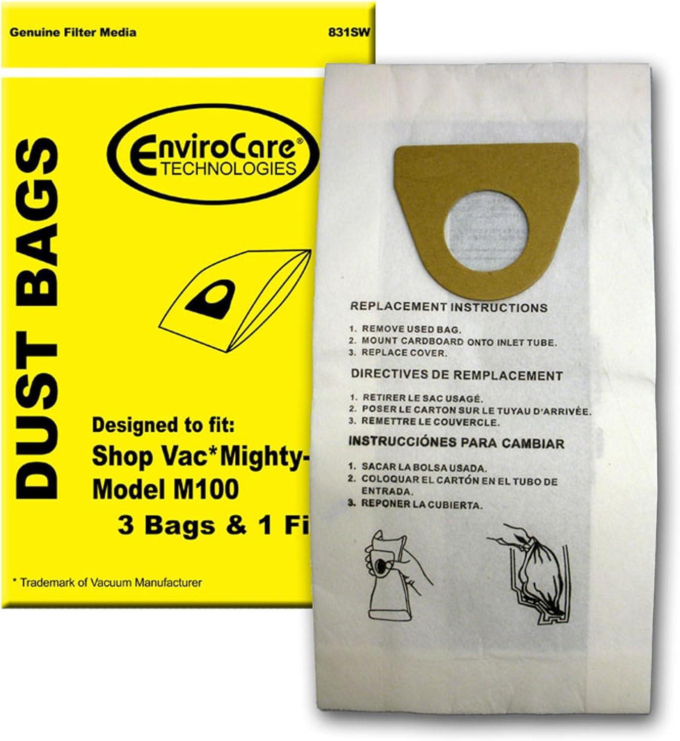 EnviroCare Replacement Vacuum Cleaner bags designed to fit Shop Vac Mighty Mini performance plus vacuums 3 bags and 1 filter