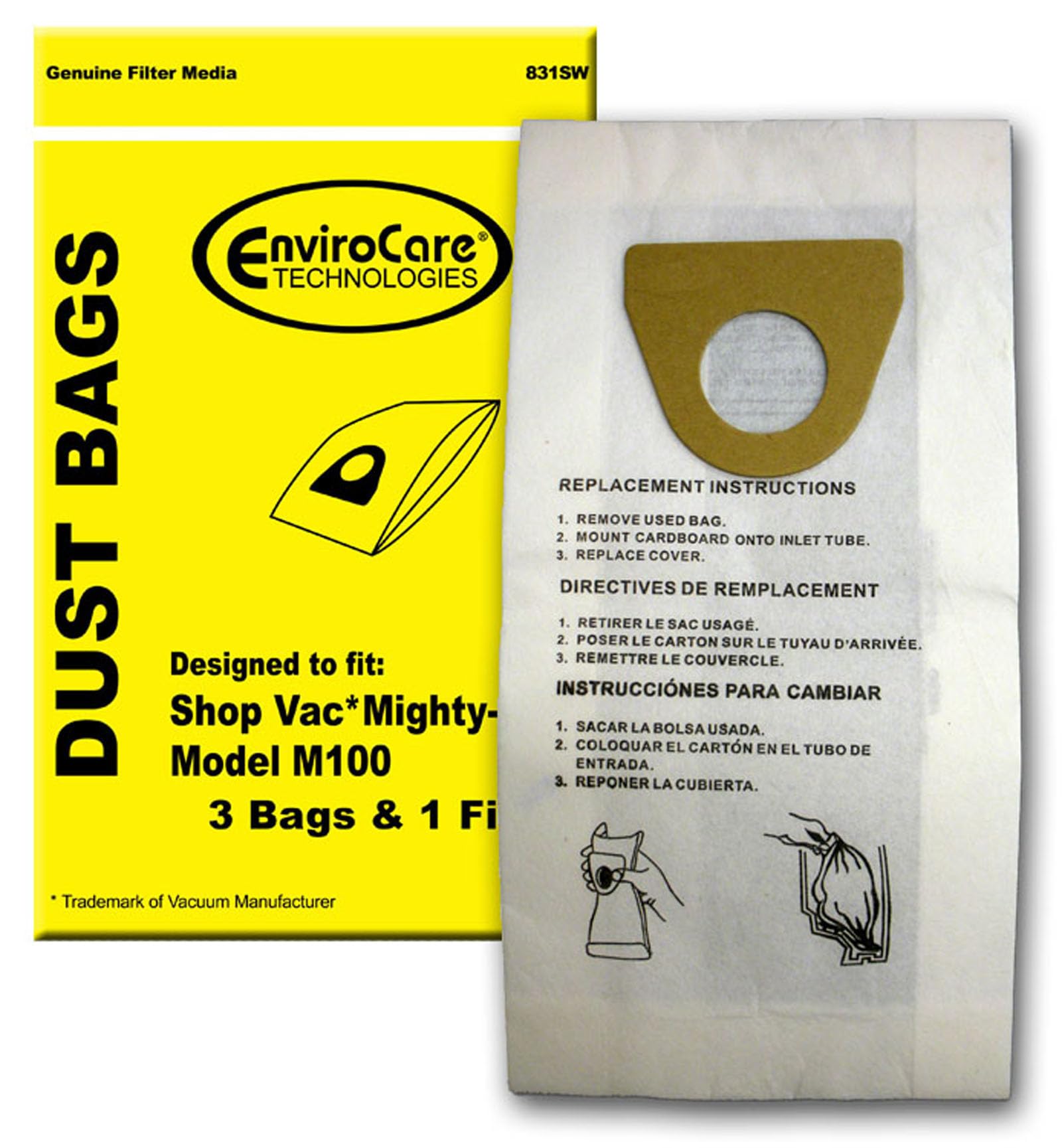 EnviroCare Replacement Vacuum Cleaner bags designed to fit Shop Vac Mighty Mini performance plus vacuums 3 bags and 1 filter