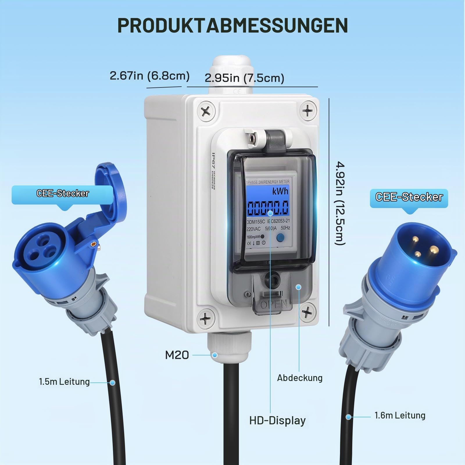 Mobiler Digital Stromzähler 230V 16A Stromzähler für Steckdose Outdoor mit IP67 Wasserdicht/LED/Reset, Mobile KWH Stromverbrauchmesser mit Gummischlauchkabel für Wohnmobile Elektrofahrzeuge Haushalte