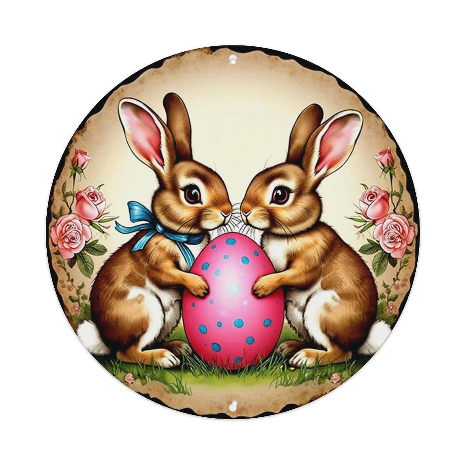 Two Bunnies Holding Pink Egg Tin Sign Metal Poster Vintage Metal Signs for Home Man Cave Bar Cafe Kitchen laundry room Wall Decorations 8x8 inches