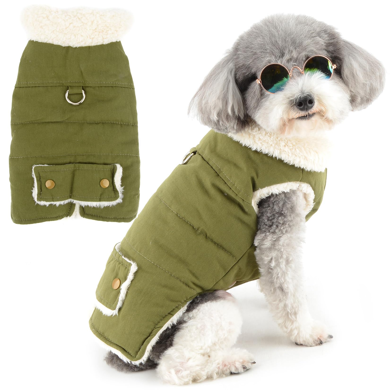 Zunea Dog Jacket Coats for Small Dogs Fleece Lined Puppy Winter Clothes with Leash Ring Cold Weather Vest Jackets Coat Chihuahua Doggy Toy Poodle Pet Apparel Green S