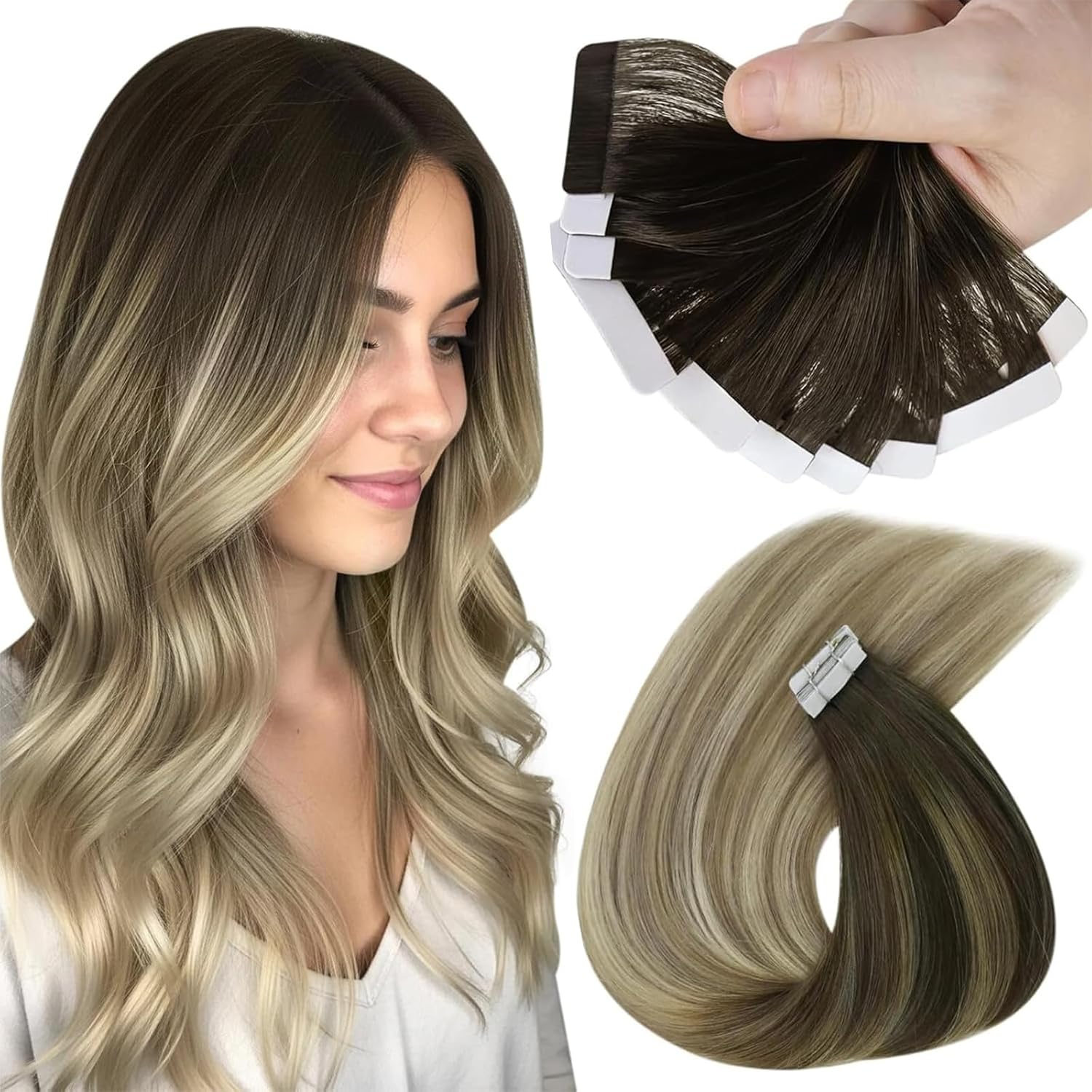Sunny Hair Tape in Hair Extensions Real Human Hair Invisible Remy Hair Extensions Tape ins for Women Dark Brown Balayage Dark Golden Blonde Highlight Platinum Blonde 18 inch 25G