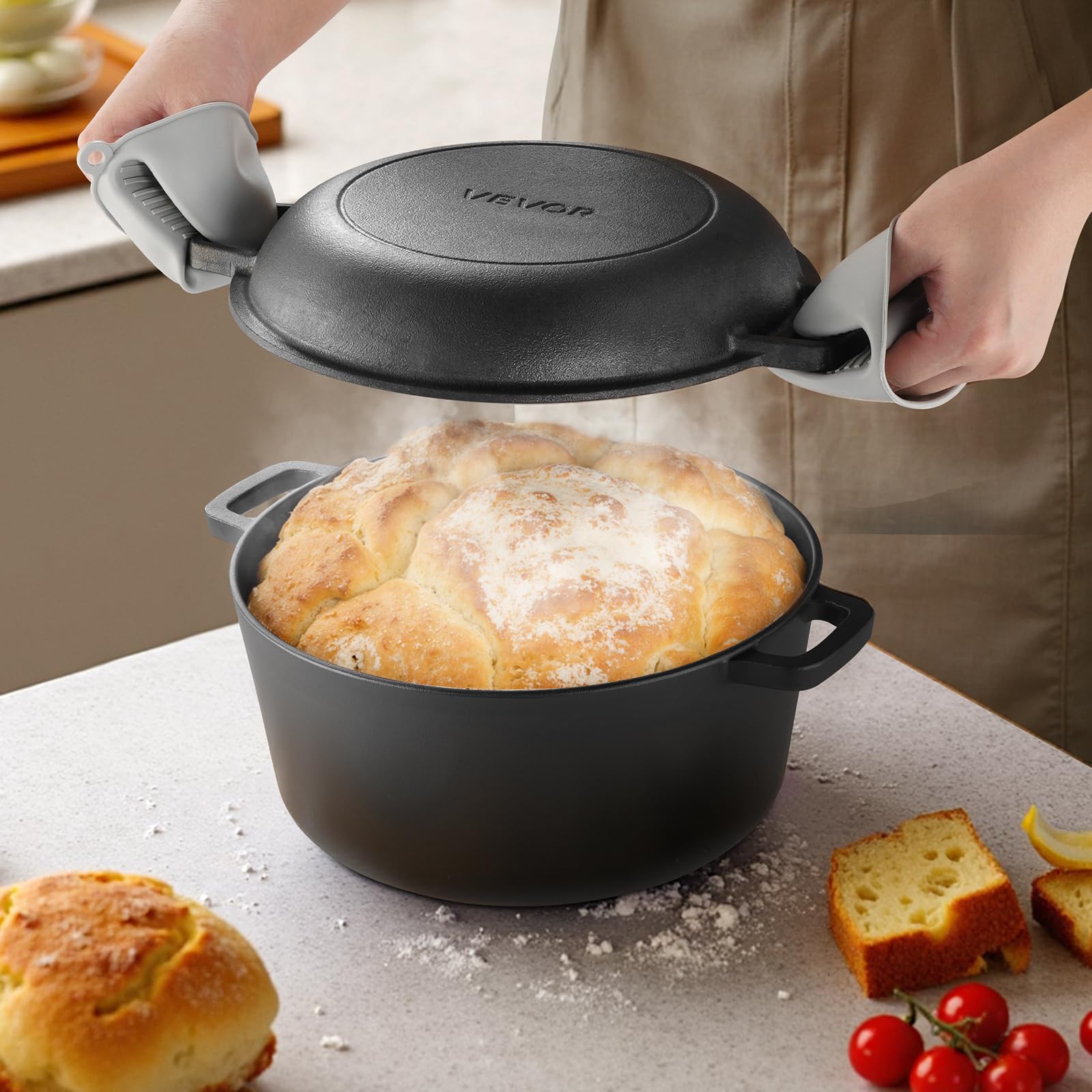 VEVOR Żeliwny piec holenderski, 2 w 1 wstępnie przyprawiony garnek z pokrywką patelni, patelnia 5QT z koszem zabezpieczającym, akcesoria do pieczenia chleba, kompatybilny z piecem chlebowym, 260.0 °C
