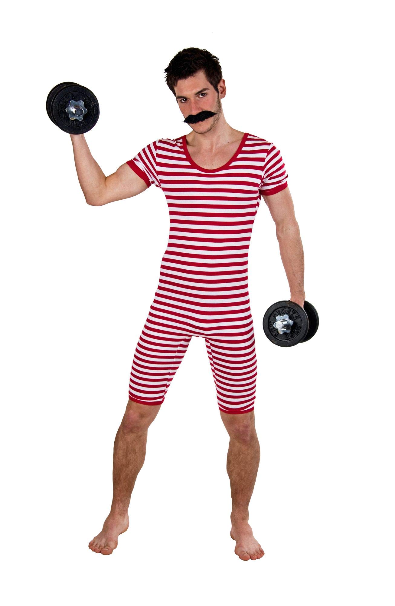 shoperama Nostalgic Men's Striped Swimsuit 1920s 1930s Weightlifter Clown Artist Retro Historical Bachelor Party, Colour: Red/White, Size: 6/M