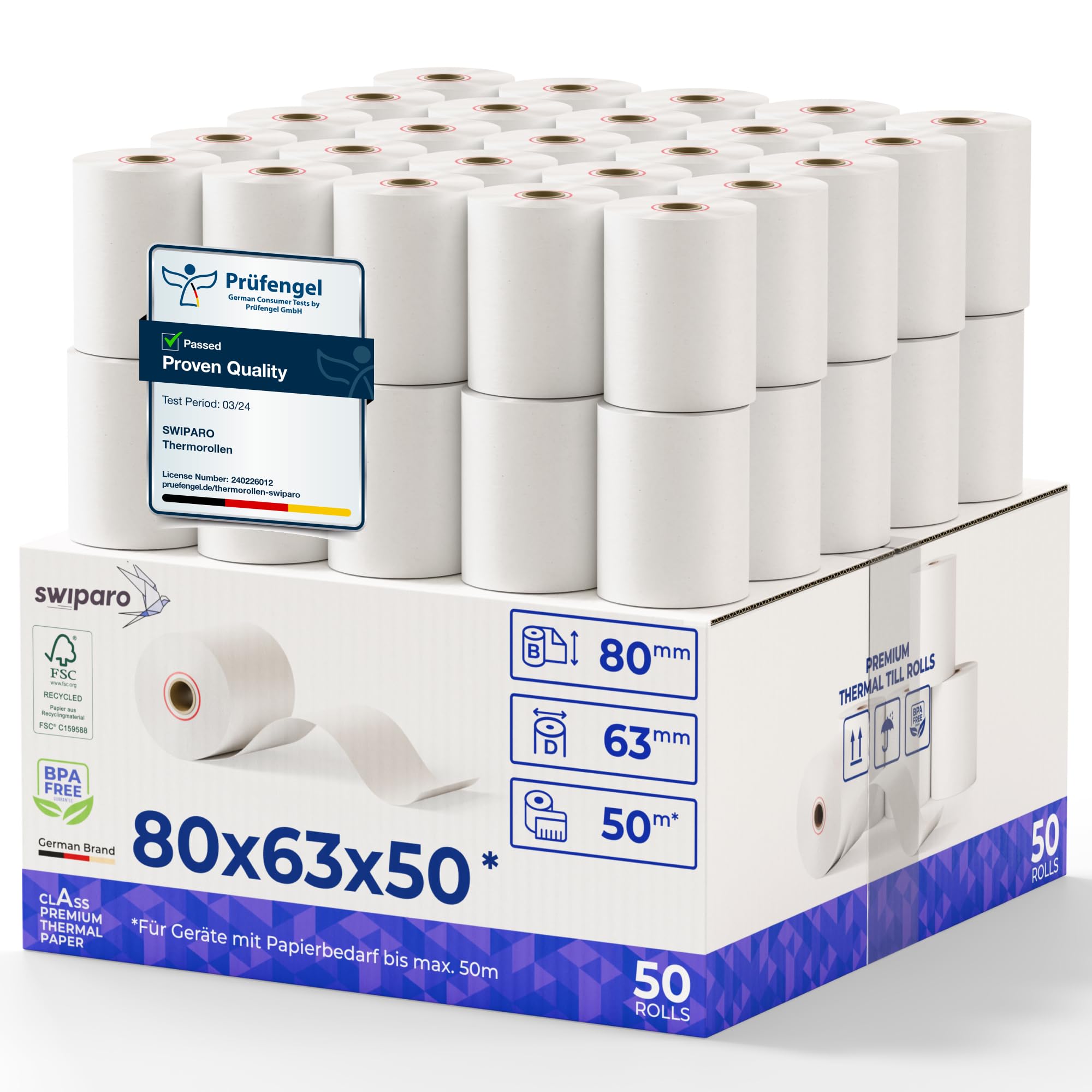 Thermorollen 80mm x 63mm x 12mm [Universell für gängige Kassensysteme] - Kassenrollen 80x63x12 Thermo - Bonrollen Thermopapier - Geeignet für Drucksysteme mit Papierbedarf bis 50m (50 Stk)