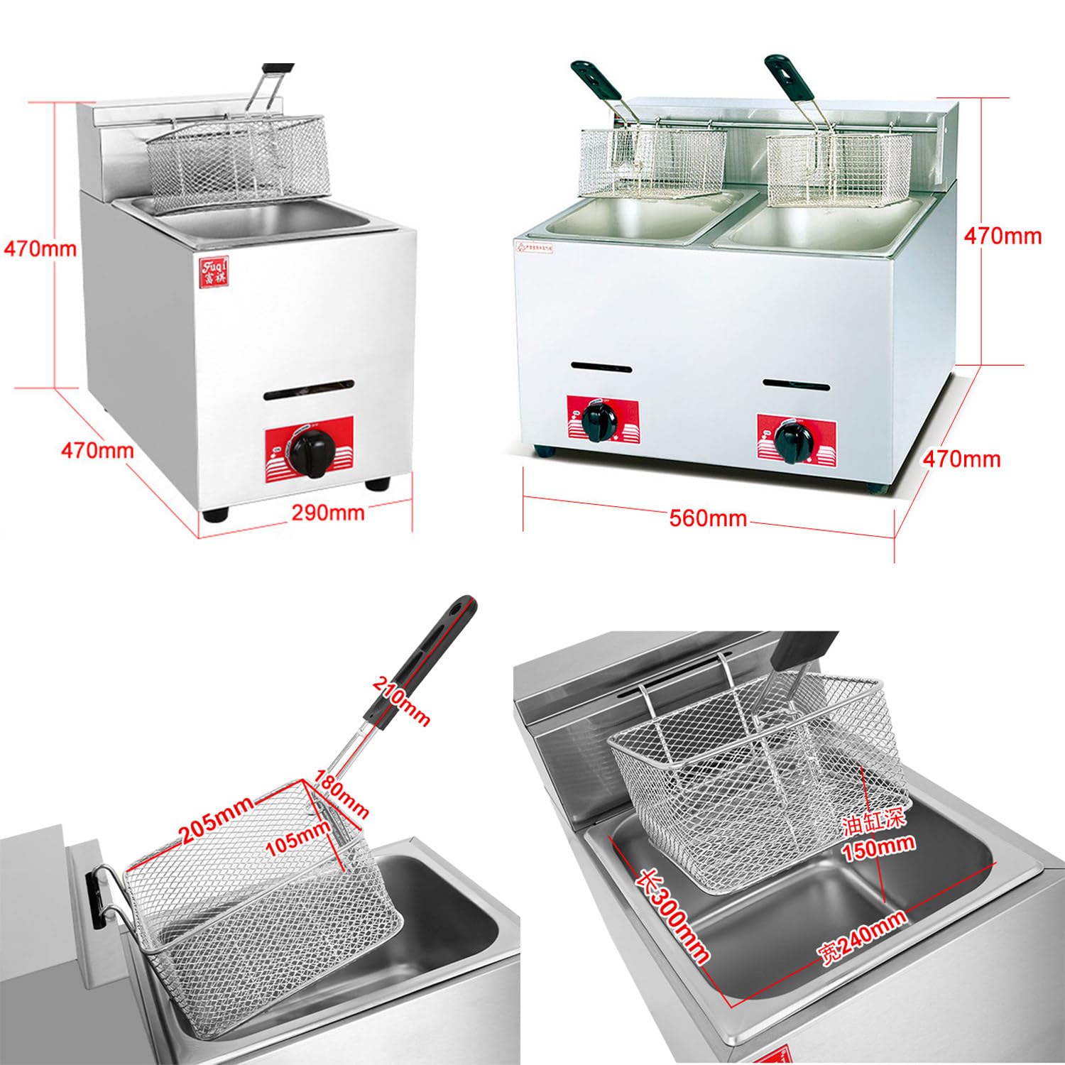 Friggitrice a Gas di Grande capacità, friggitrice GPL in Acciaio Inossidabile per Uso Domestico e Commerciale, Potenza di Fuoco Regolabile, con cestelli e coperchi (12L)