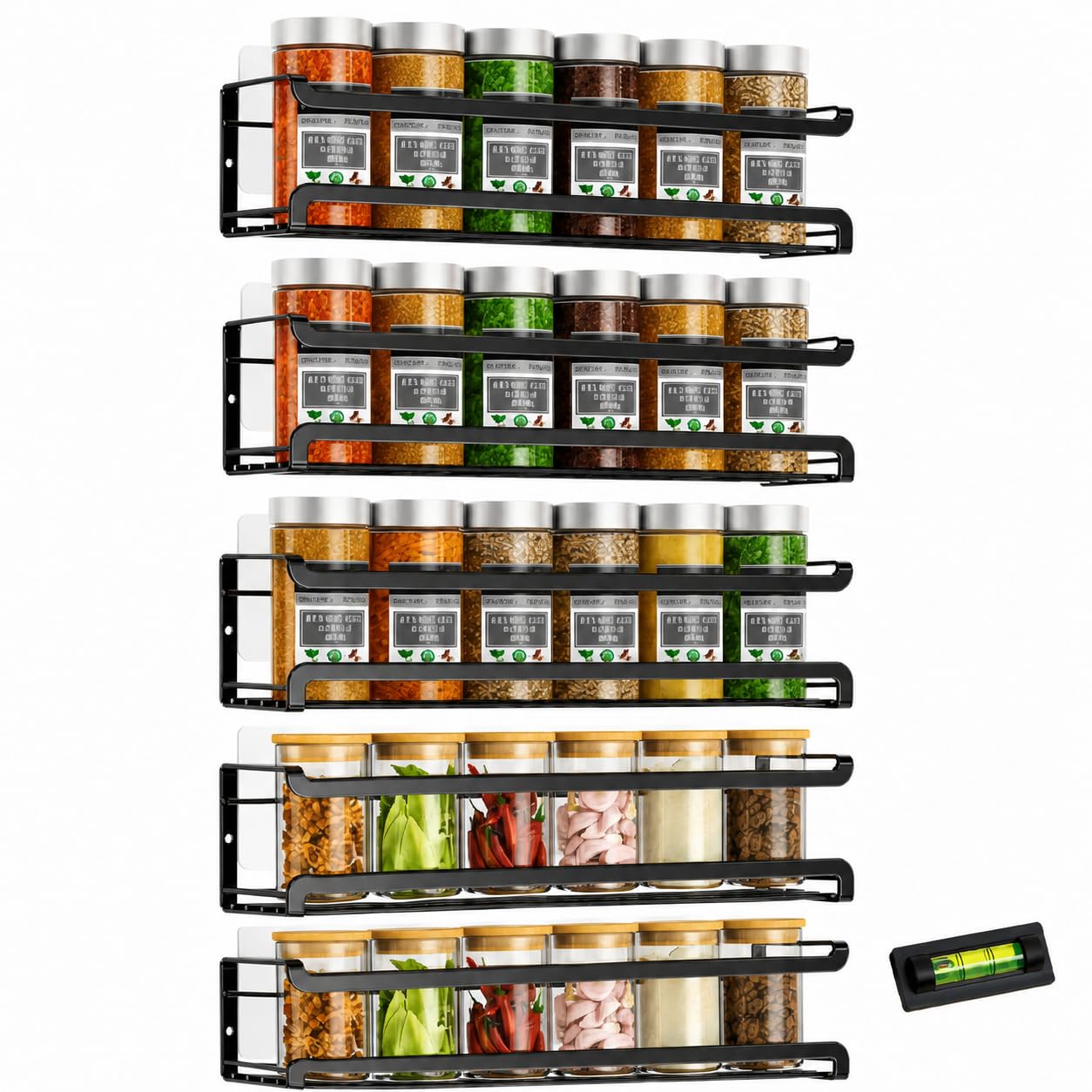 Especieros para Cocina, Pack de 5 (4+1 Extra), Organizador de Especias, 5 Estanterías Metálicas Negro Mate, Sin Taladrar, para Armarios y Baño, Incluye Nivelador, Adhesivo o Tornillos