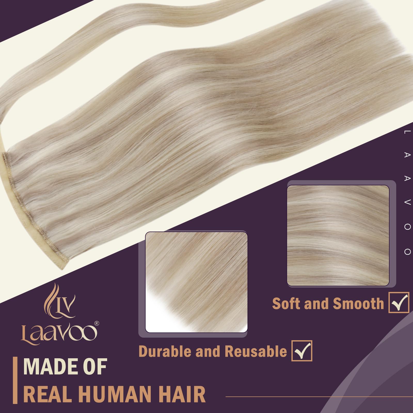 LaaVoo Pony Tail Extensions Real Human Hair 18 Inch 80g Highlight Ash Blonde & Platinum Blonde Remy Straight Ponytail hair Extensions #18/613 - Image 4