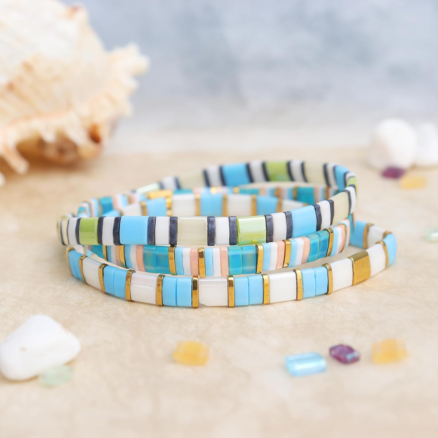 Tila Flat Beaded Stretch Bracelets for Women, Trendy Unique Handmade Stackable Green Blue Square Beads Miyuk Link Bracelet Summer Jewelry Gift - Image 4