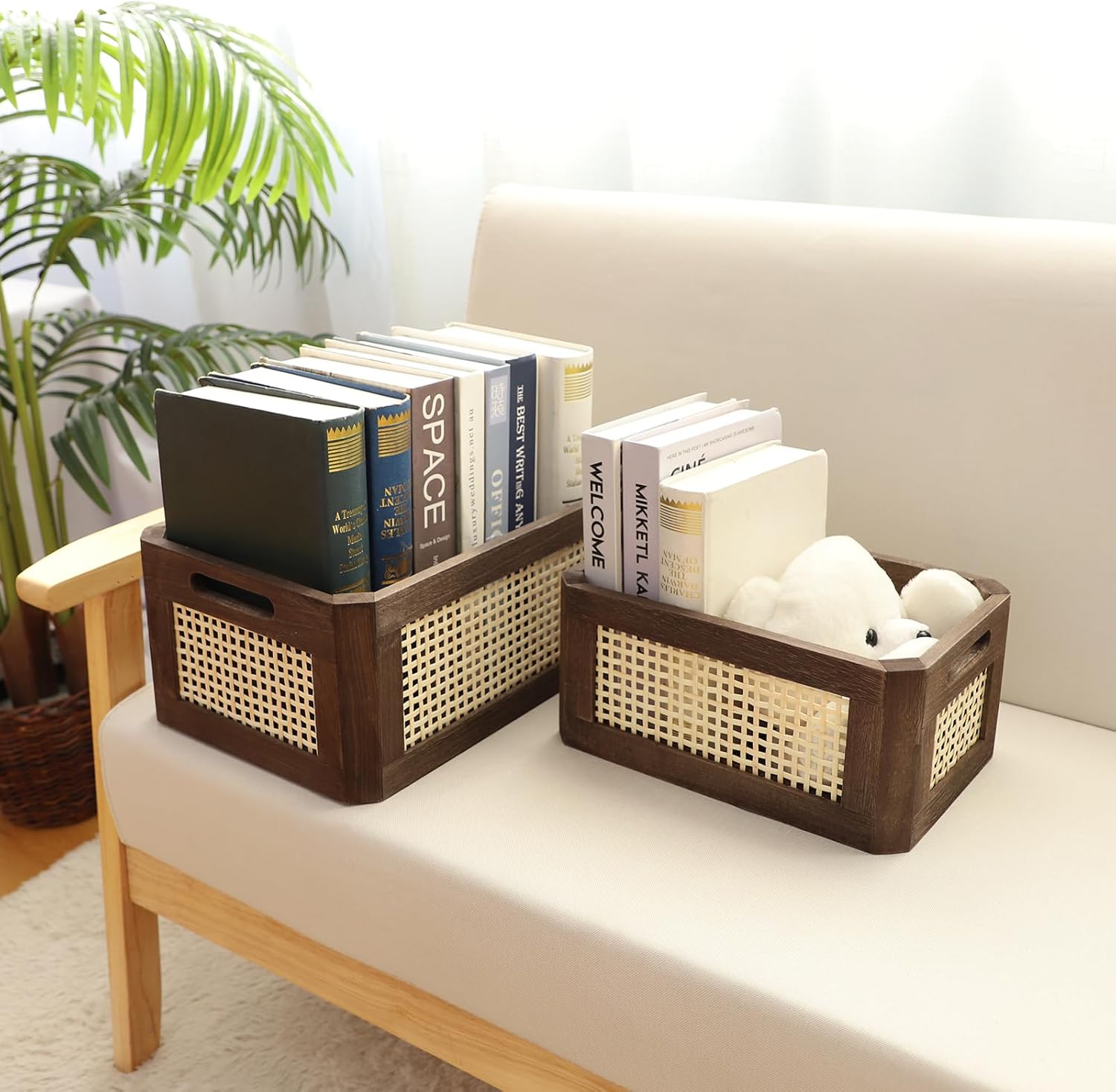Elegant Handwoven Rectangular Rattan Storage Baskets, Portable For Cabinet Space Saving Designs, Wooden Crate (Brown-Set2)