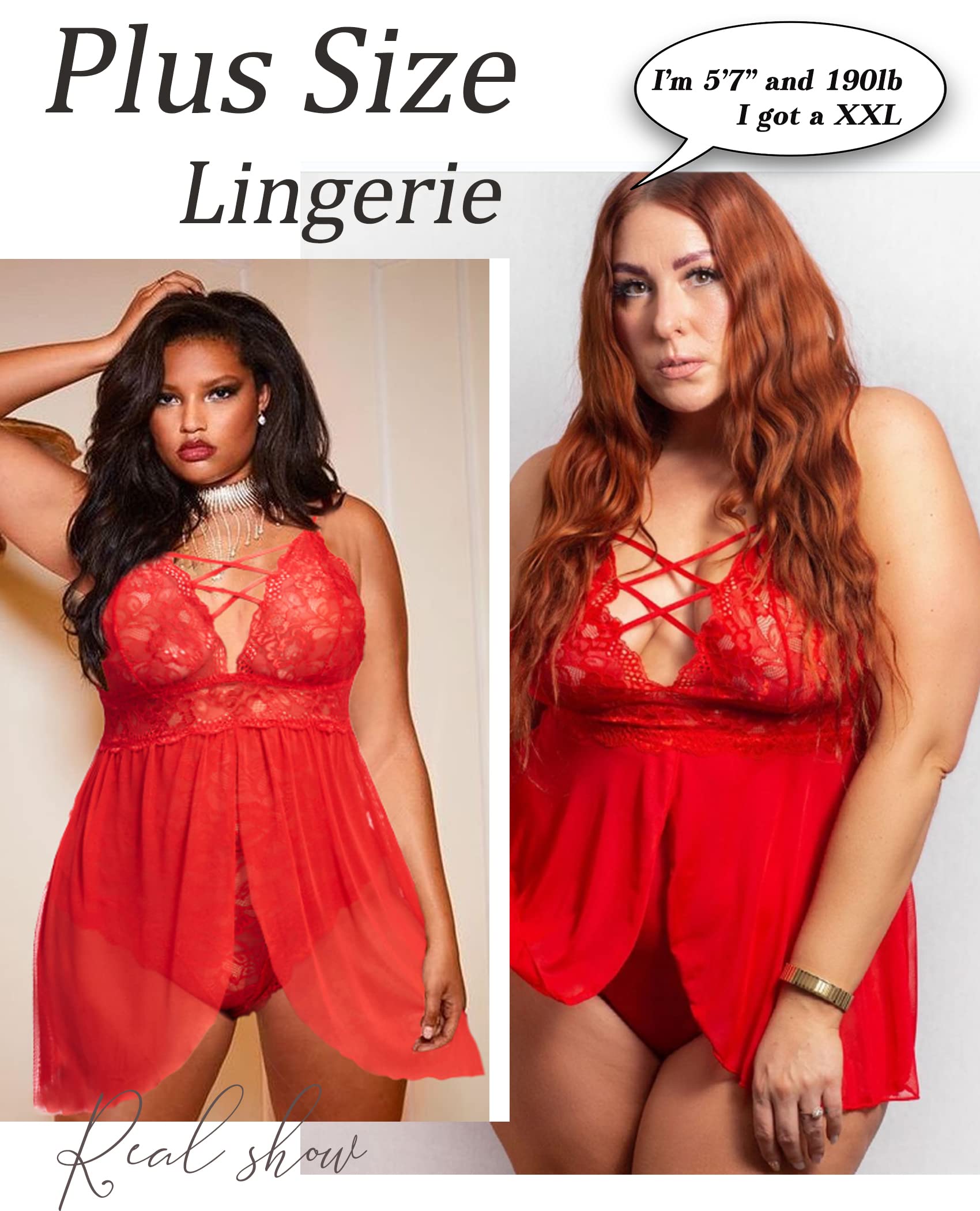 Avidlove Plus Size Babydoll Womens Snap Crotch Lingerie V Neck Lace Nighty Sleepwear L-5XL: Red 5X-Large
