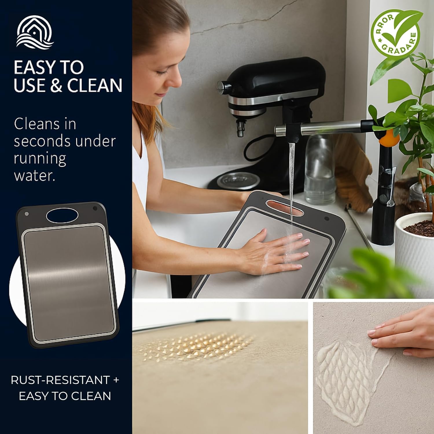 Arabesco Hompany Stainless Steel & Wheat Straw Cutting Board – Reversible 304 Food Grade, Non-Slip Edges, Juice Groove, Easy Clean, Compact & Lightweight Kitchen Board for Meat, Bread, Fruits.