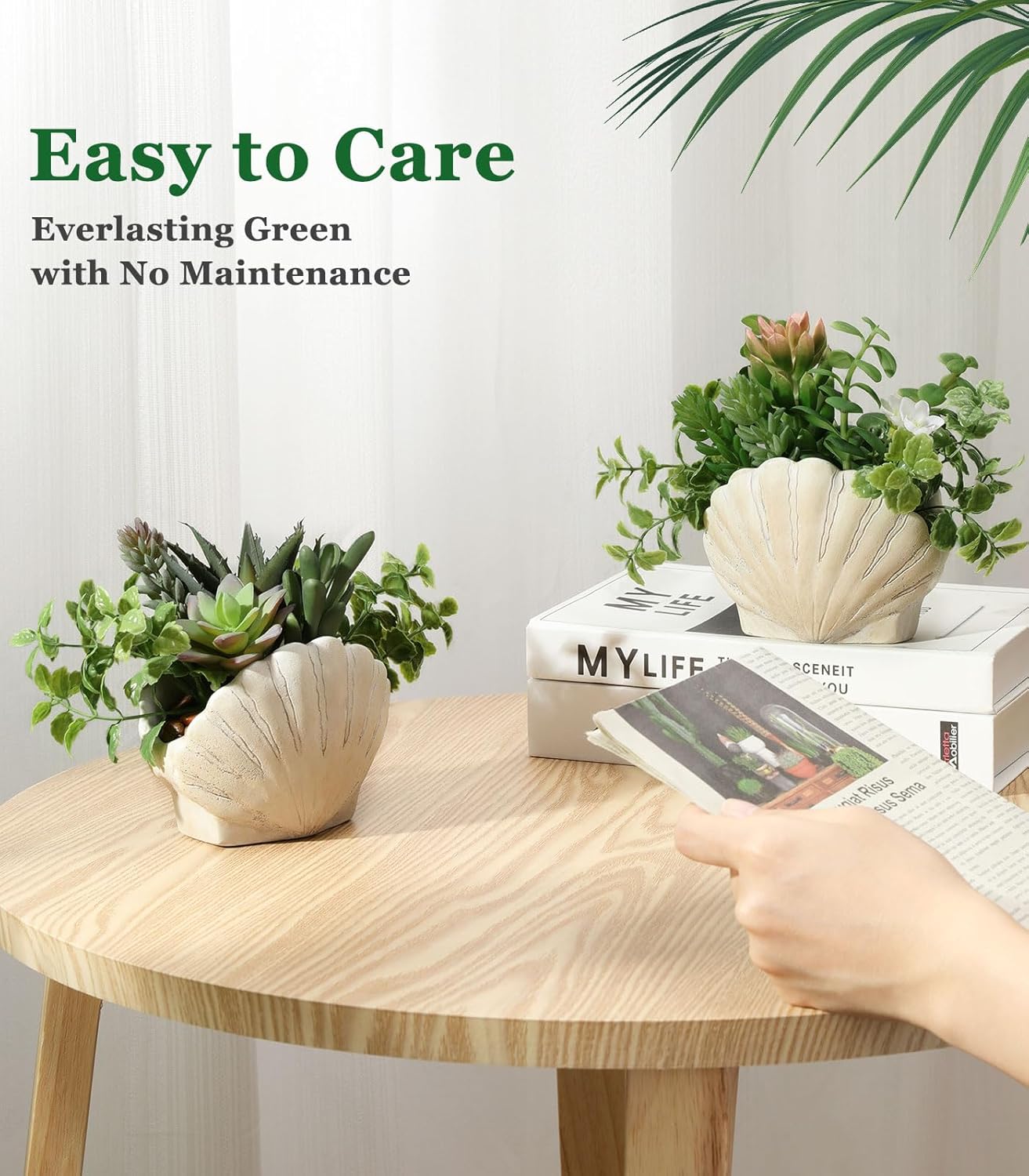 Lewondr Fake Plants Set of 2, Assorted Faux Succulents Artificial Plants with Sea Shell Pots, Artificial Greenery in Coastal Beach Decor, Ocean Seashell Series for Home Bedroom Beach Theme Party