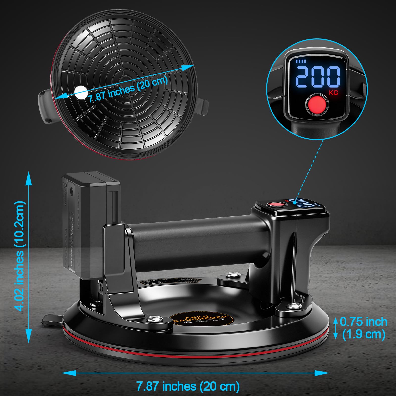 Sollevatore elettrico a batteria per piastrelle, 200 mm, con 4 batterie da 3000 mAh, LCD Didplay, potenza di aspirazione 200 kg, per vetro, marmo, piastrelle, set da 2