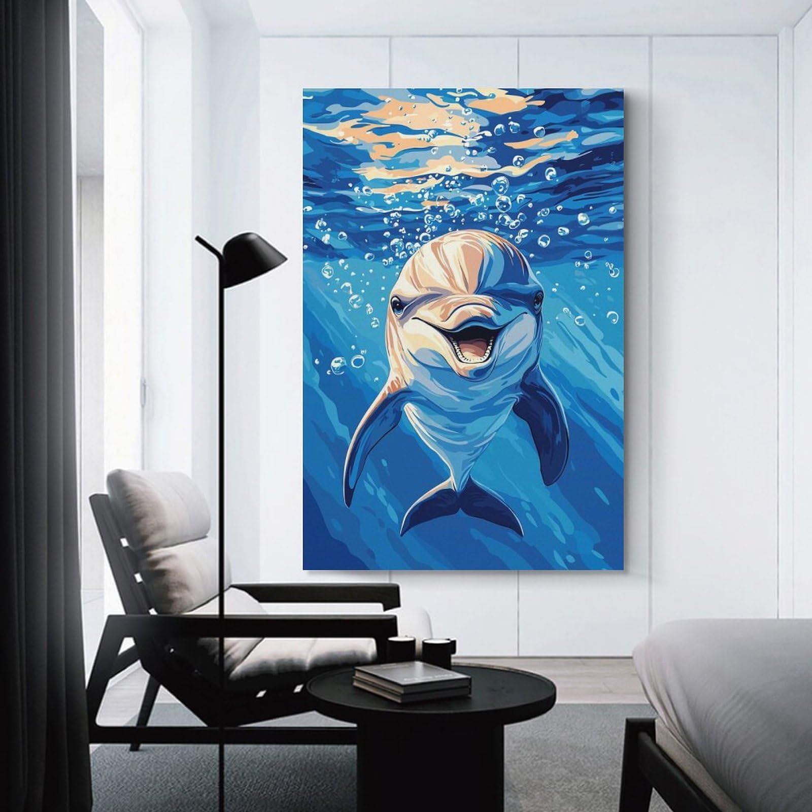 Junmoney Unframe-Style-9 Smiling Dolphin Underwater Decorative Wall Artwork, 24X36inch(60X90cm), For Living Spaces, Bedrooms Or Relaxed Rooms, Modern Wall Decor For Cosy Interiors