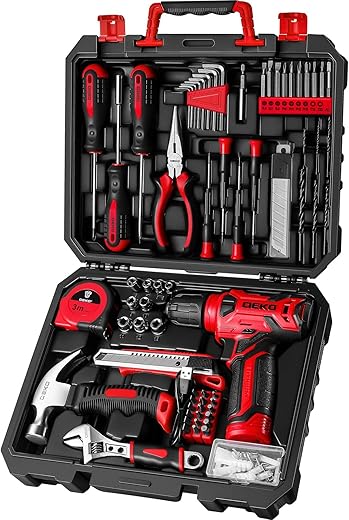 DEKO Complete Tool Box with Electric Screwdriver/Drill with 8V Battery, Case of 126 Pieces, Professional DIY Household Tool Box for Offices and Gardens, Red