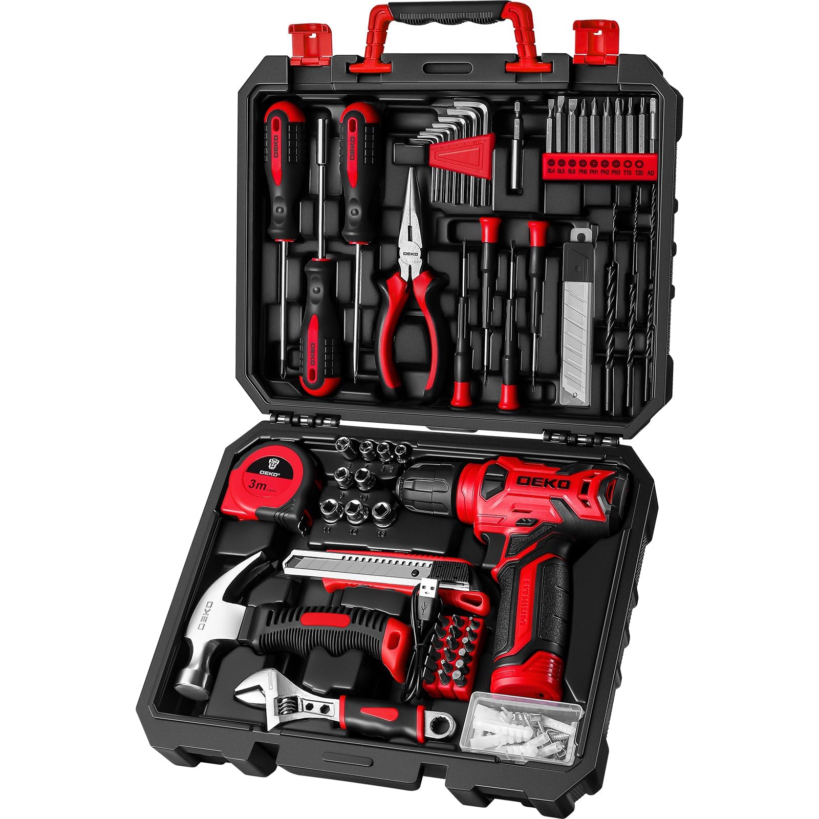 DEKO Complete Tool Box with Electric Screwdriver/Drill with 8V Battery, Case of 126 Pieces, Professional DIY Household Tool Box for Offices and Gardens, Red