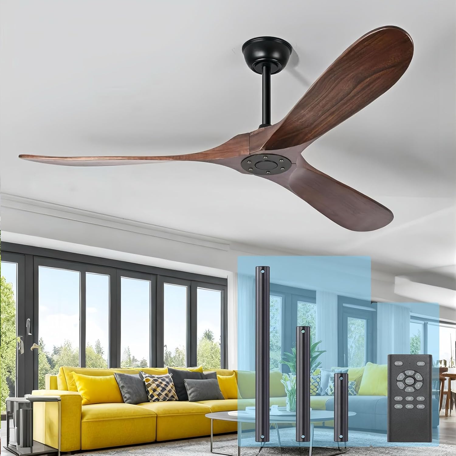 52 Inch Ceiling Fan No Light, Wood Outdoor Ceiling Fans for Patios Living Room Bedroom, Indoor Modern 3 Blade Propeller Wet Rated Ceiling Fan without Lights with Remote (Walnut) 52 inch Dark Walnut