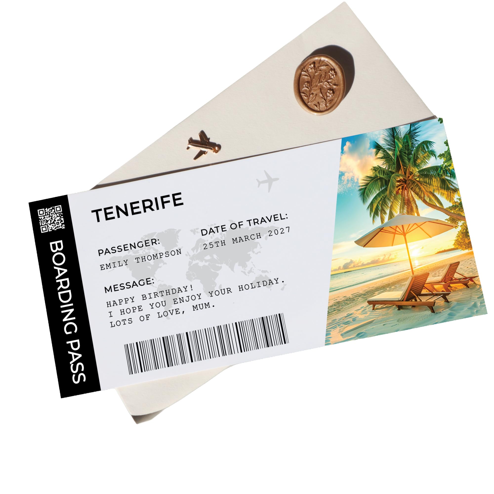Personalised Tenerife holiday reveal ticket fake boarding pass travel ticket you're going to Tenerife card Spain Italy Paris London birthday surprise reveal gift christmas gifts ideas uk ST-02