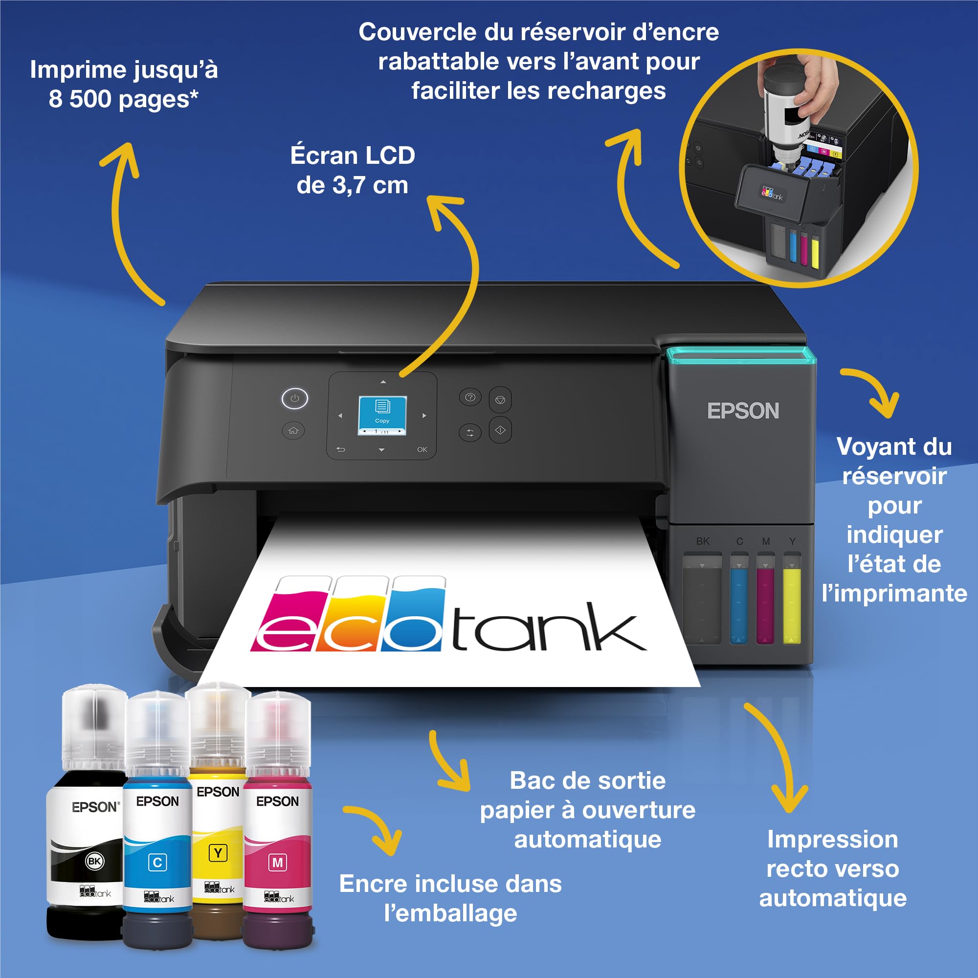 Epson EcoTank ET-2955 Imprimante à Réservoirs D’Encre | Maison & Petit Bureau | Wi-FI | A4 | Imprimer, Copier, Numériser | Écran LCD 3,7cm | Impression Recto Verso Auto | Jusqu’à 3 Ans d’Encre Inclus