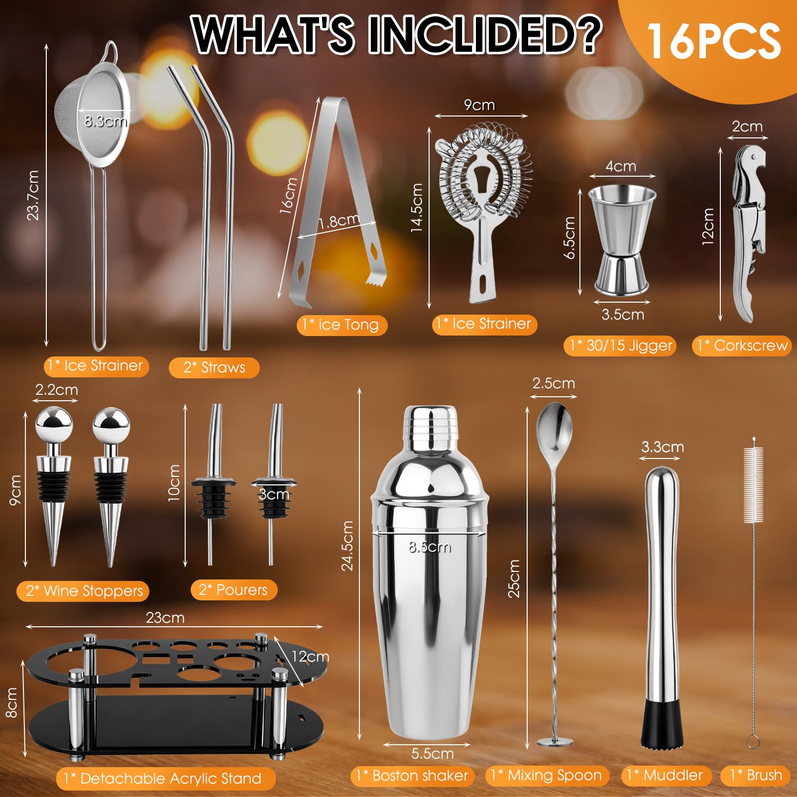 FoiiLiio 16 pezzi cocktail set kit in Acciaio Inox,Boston Shaker Cocktail Set,Kit Barman 750 ML,Professionale Kit Barman Completo,professionale barman set,Set Cocktail Professionale