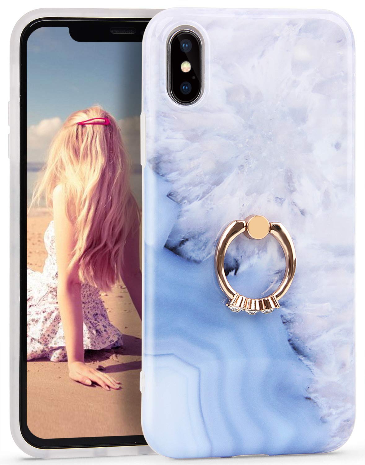 Imikoko iPhone Xs Case, iPhone X Case, Flexible TPU Bumper Cases with Bling 360° Rotating Ring Grip Holder Stand Shockproof Bumper Case for iPhone Xs/