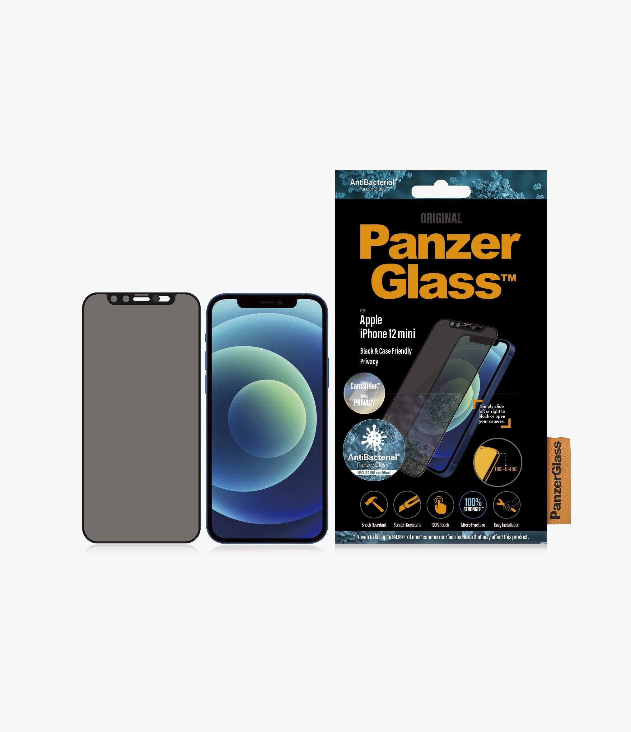 PanzerGlassCam Slider Black Frame Screen Protector - Edge-to-Edge Tempered Glass w/Anti-Microbial Surface and Cam Slider, Case Friendly & Easy Install (iPhone 12 Mini, Privacy)