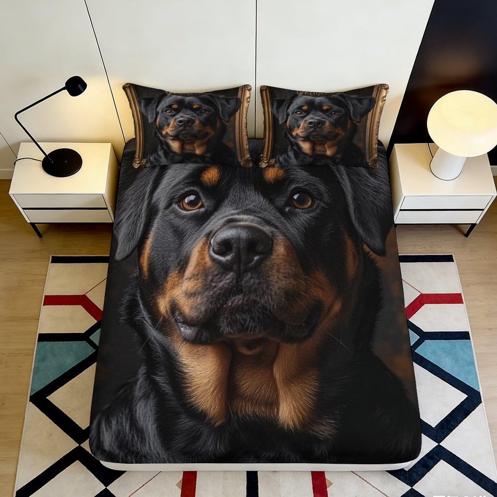 3D Printed Rottweiler Dog Fitted Sheet Microfiber Black Brown Bed Sheet for Bedroom Guest Room Mattress Protection 90x200x25cm