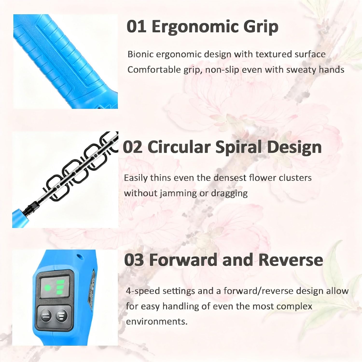 Podadora eléctrica de árboles frutales, herramienta de poda de mano con 4 velocidades ajustables y diseño hacia adelante/atrás para una poda eficiente de nectarinas, albaricoques, duraznos y ciruelas