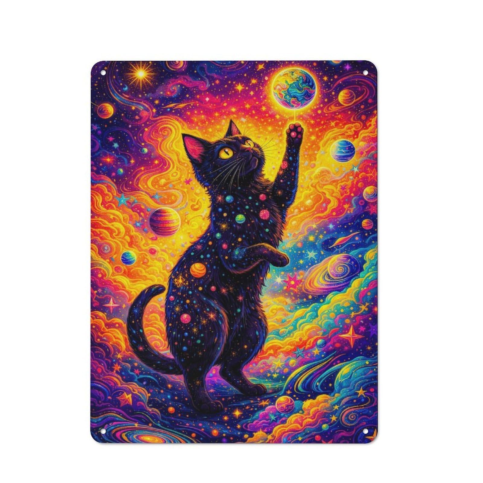 Classic Cosmic Cat Playing with Planet Metal Wall Plaque 40x30cm, Nostalgic Wall Art for Living Room, Hallway, Kitchen Or Cafe