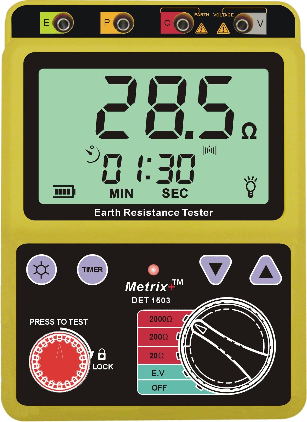 Metrix+ DET 1503 Versatile Earth Resistance Tester upto 2000Ω with large backlit display and timer function.