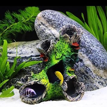 Aquarium Tree Rock Cave Decor,Artificial Driftwood with Green Moss for Fish Tank, Natural Habitat Ornament Providing Hiding Places for Small Fish, Shrimp, Aquatic Pets - Aquarium Decoration Supplies