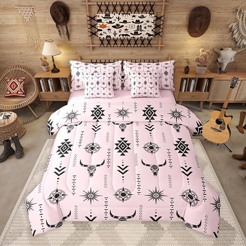 Rustic Bull Skull 7 Pieces Bedding Set King Size,Ethnic Western Aztec Bed in a B