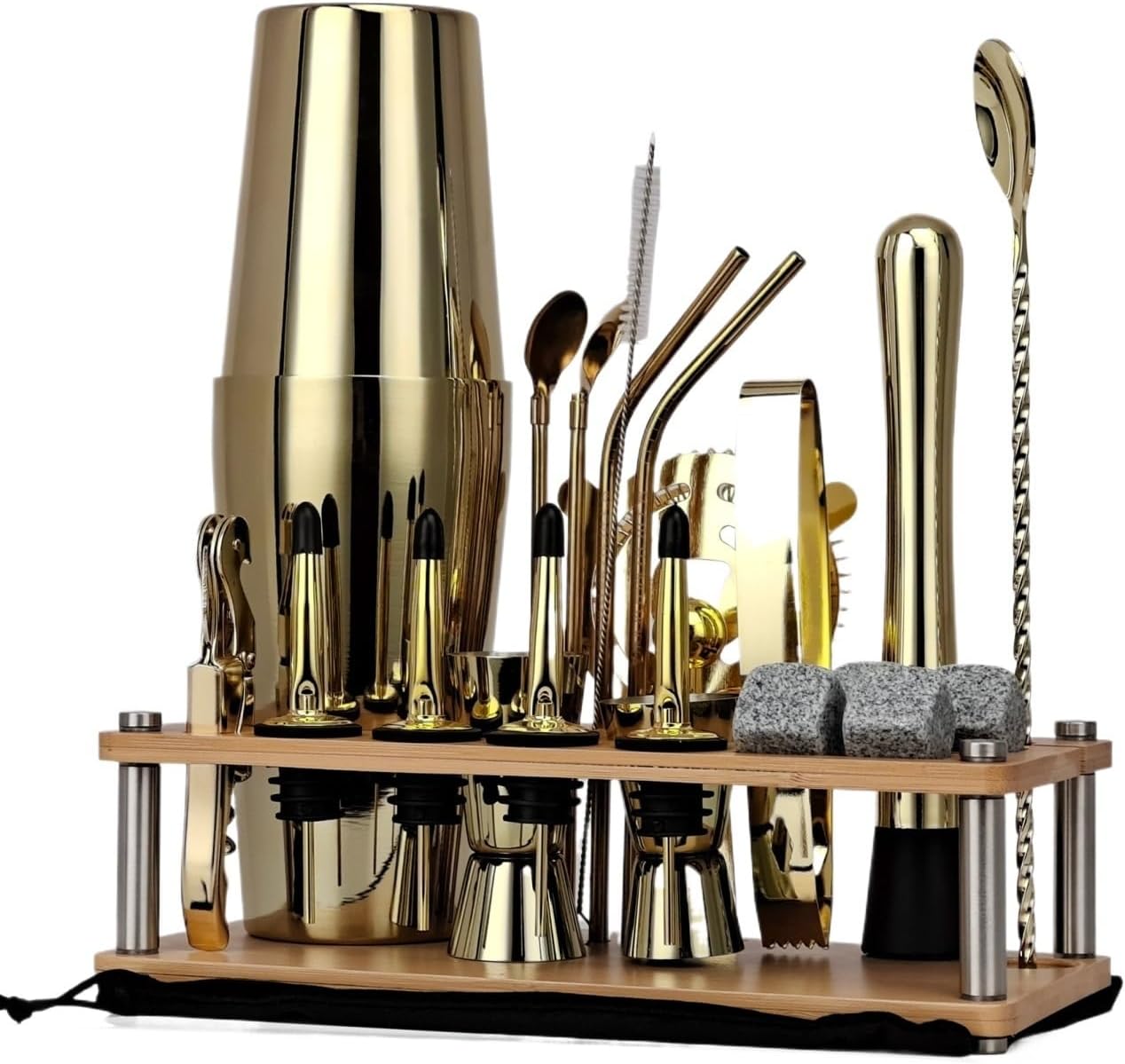 Wooden Stand Cocktail Shaker Set, 15pcs Bar Tool Kit with Metal Bartender Accessories for Home Bar(Blue)