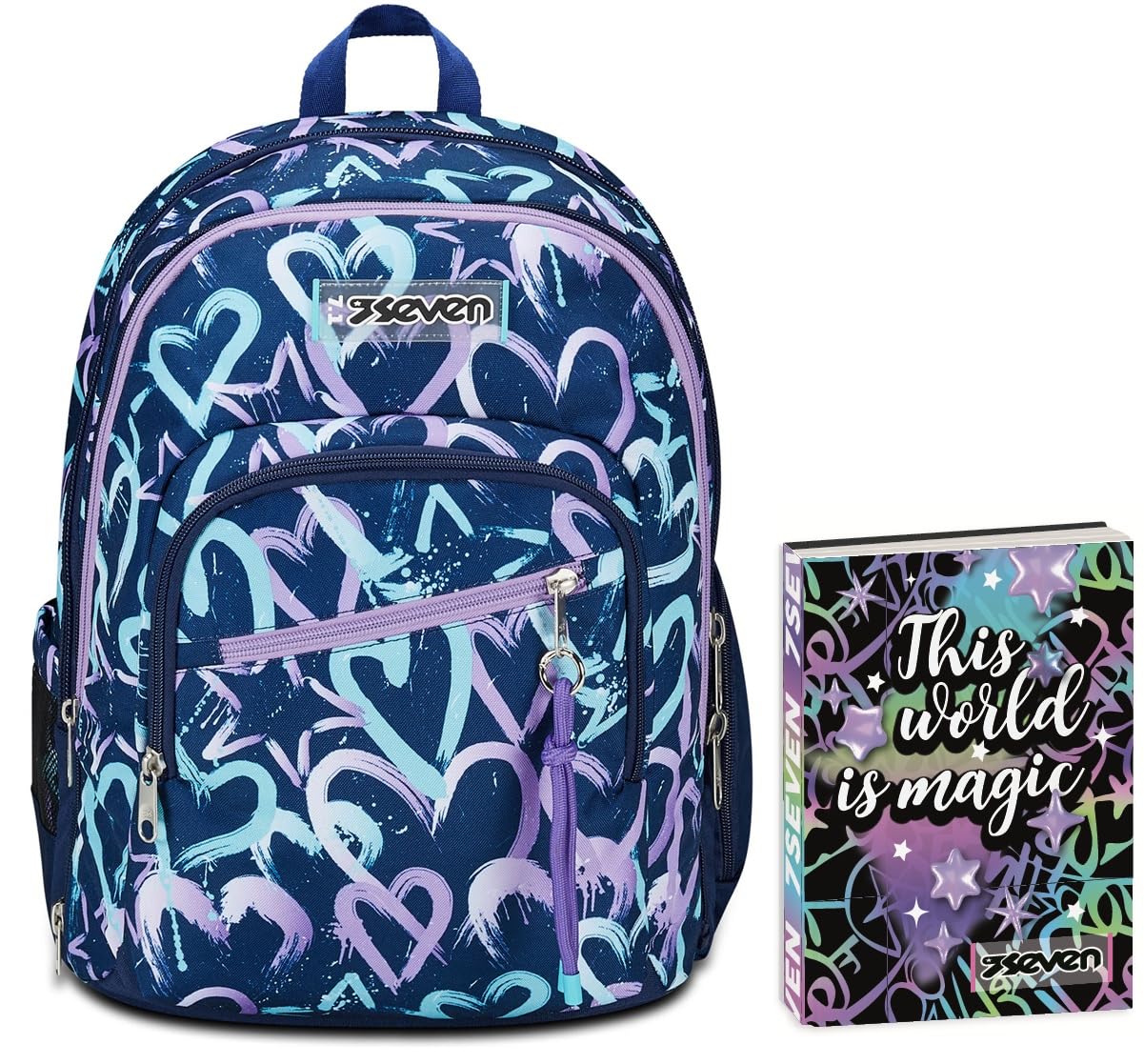 Seven Zaino Scuola Adavanced Detach, Viola Blu, Crystal Purple, Tasca Staccabile Uso Zainetto, Tasca Porta PC, Scuola + Seven Diario 12 Mesi, Nero, Ragazza