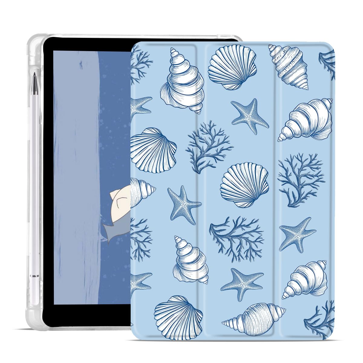JOYLAND Ocean Case Compatible with iPad(A16) 11th Generation 11"/iPad 10th Generation 10.9" with Pencil Holder Conch Coral Pattern Blue Leather