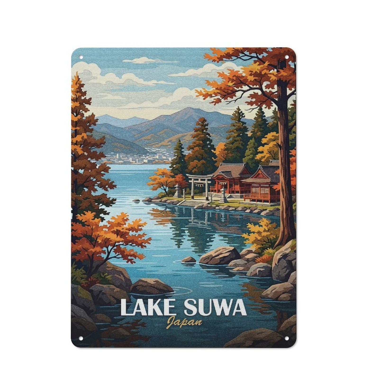 Junmoney Style-15 Tin Wall Plaque 40X30cm With Lake Suwa Japan Autumn Landscape For Home Office Or Studio, New Home Wall Decor For Home Office Decor Fans