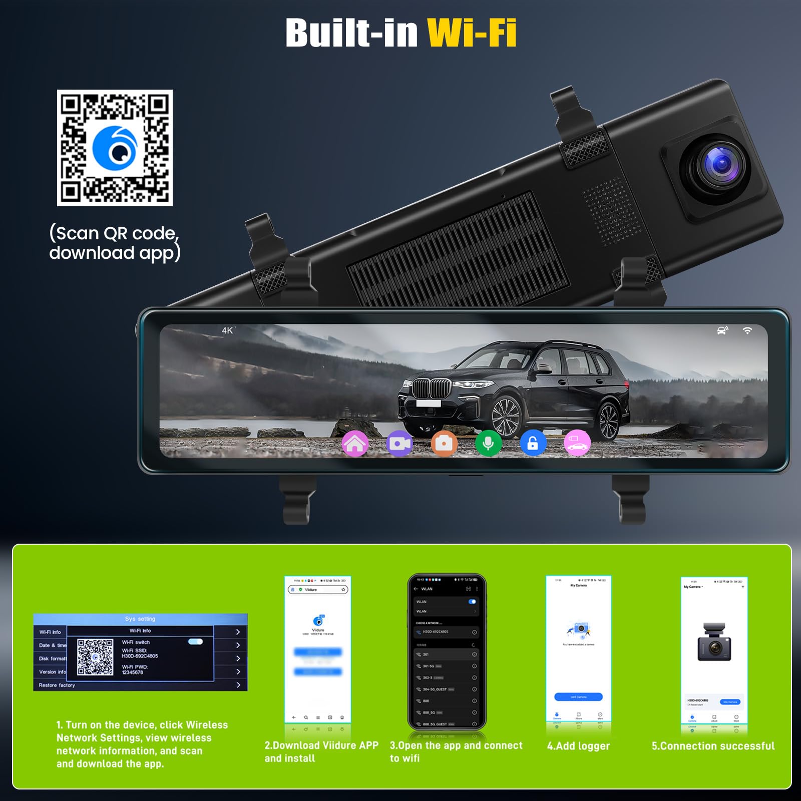 4K Dashcam Avant et arrière, 11,26 Pouces Caméra Embarquée Tactile 4K+1080P avec GPS, ADAS, APP, Vision Nocturne, Capteur G, Enregistrement en Boucle, Surveillance du stationnement 24 Heures